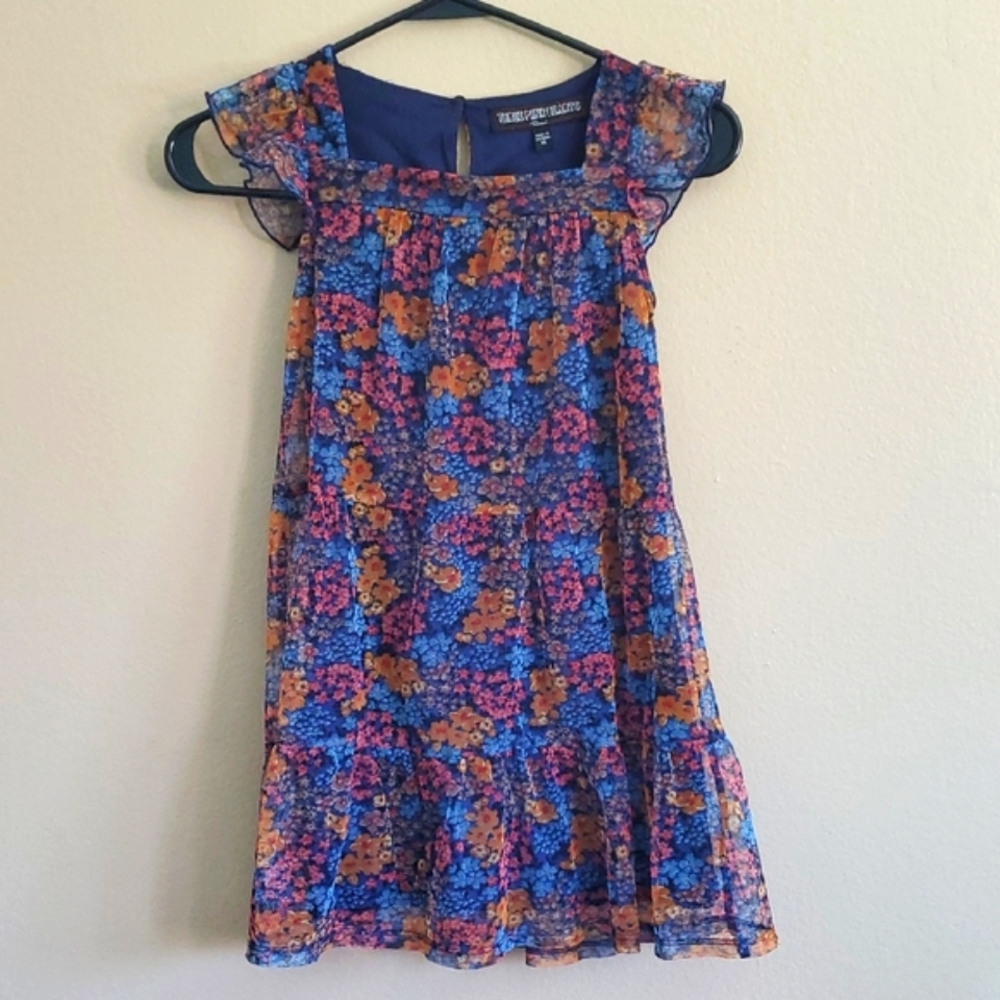Three Hearts Floral Lined Kids Dress in Blue and Orange